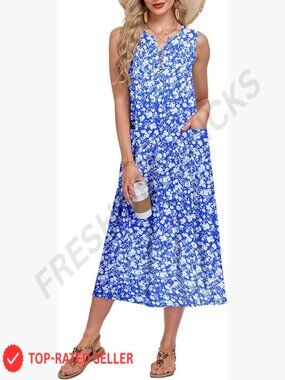 V-Neck Sleeveless Midi Dress Casual Summer Beach Button Down with Pockets